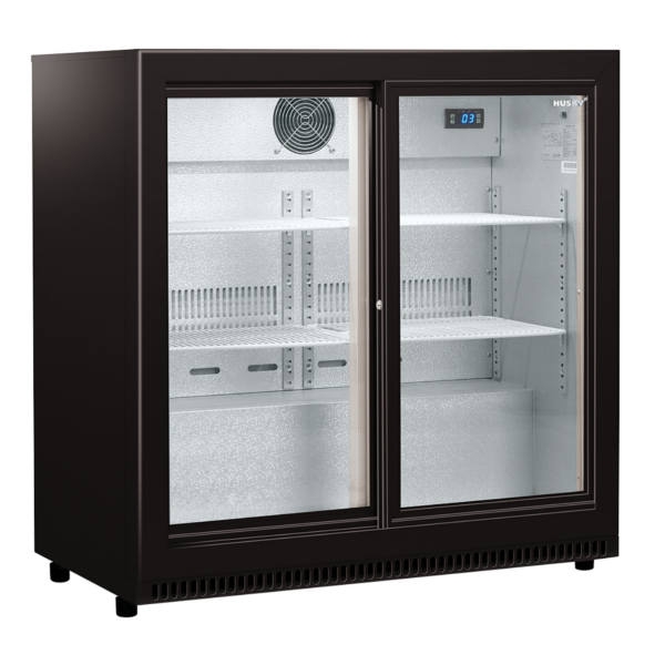 Flessenkoelkast laag met 2 glazen deuren zwart