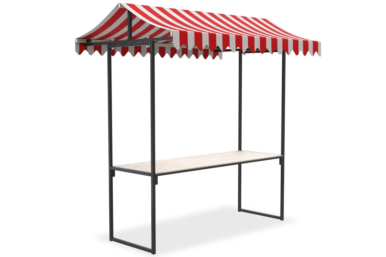 Marktkraam met zwart frame en rood/wit zeil